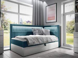Kontinentální jednolůžková postel 80x200 RAMIRA 3 - bílá ekokůže / modrá 2, pravé provedení + topper ZDARMA