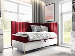 Boxspringová jednolůžková postel 90x200 ROCIO 3 - bílá ekokůže / červená, pravé provedení + topper ZDARMA