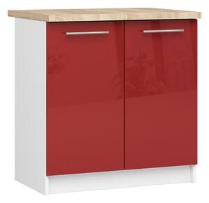Kuchyňská skříňka OLIVIA lesklá – 80 cm | Bílá / Červená / Dub Sonoma