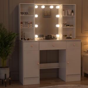 Kosmetický stolek s LED zrcadlem - bílý - 3 zásuvky - dřevo