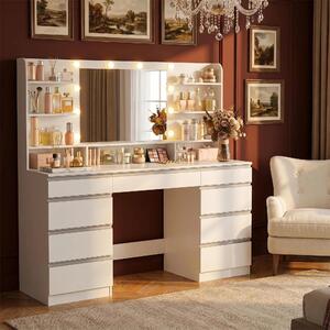 Komoda bílá, 108 cm - s velkým zrcadlem - 6 zásuvek a otevřené úložné prostory - minimalistický moderní design - nábytek do ložnice