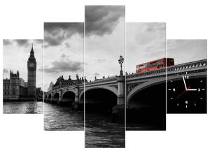 Obraz s hodinami Londýnským autobusem k věži Big Ben - 5 dílný Rozměry: 150 x 105 cm