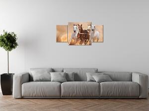 Obraz s hodinami Cválající koně - 3 dílný Rozměry: 80 x 40 cm