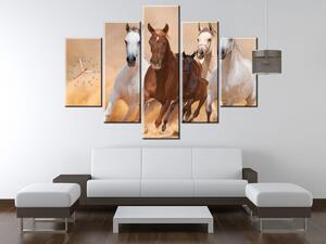 Obraz s hodinami Cválající koně - 5 dílný Rozměry: 150 x 70 cm