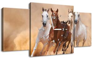 Obraz s hodinami Cválající koně - 3 dílný Rozměry: 90 x 70 cm