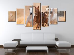 Obraz s hodinami Cválající koně - 7 dílný Rozměry: 210 x 100 cm