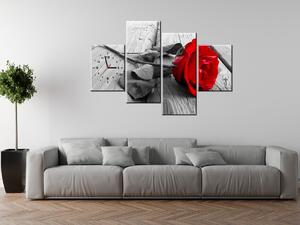 Obraz s hodinami Červená růže - 4 dílný Rozměry: 120 x 80 cm