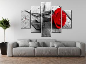 Obraz s hodinami Červená růže - 5 dílný Rozměry: 150 x 105 cm