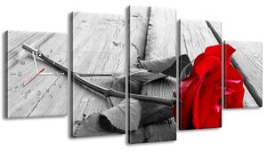 Obraz s hodinami Červená růže - 5 dílný Rozměry: 150 x 70 cm