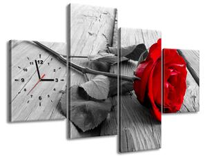 Obraz s hodinami Červená růže - 4 dílný Velikost: 120 x 80 cm