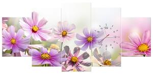 Obraz s hodinami Jemné květy - 5 dílný Rozměry: 150 x 105 cm
