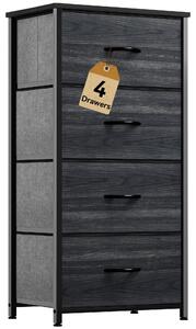 Komoda se 4 zásuvkami z látky, vhodná do ložnice, s dřevěnou deskou, ocelovým rámem a povrchem imitujícím černý dřevní vzor, včetně úchytů