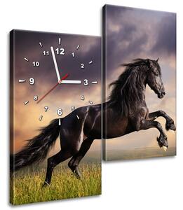 Obraz s hodinami Silný černý kůň - 2 dílný Velikost: 60 x 60 cm