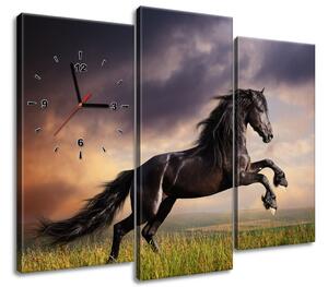 Obraz s hodinami Silný černý kůň - 3 dílný Rozměry: 80 x 40 cm