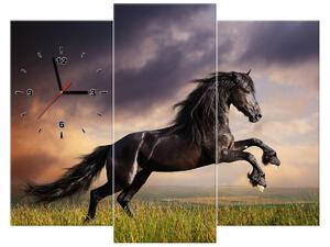 Obraz s hodinami Silný černý kůň - 3 dílný Rozměry: 90 x 70 cm