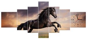Obraz s hodinami Silný černý kůň - 7 dílný Rozměry: 160 x 70 cm