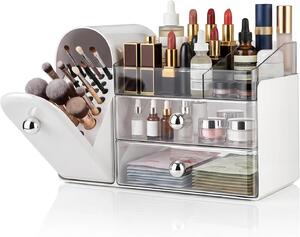 Organizér na make-up se zásuvkami, bílý, rozměry 32,7 x 23 x 16 cm, vhodný na toaletní stolek