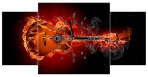 Obraz s hodinami Hořící kytara - 3 dílný Rozměry: 80 x 40 cm