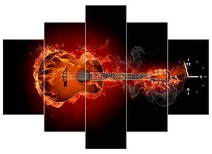 Obraz s hodinami Hořící kytara - 5 dílný Rozměry: 150 x 105 cm