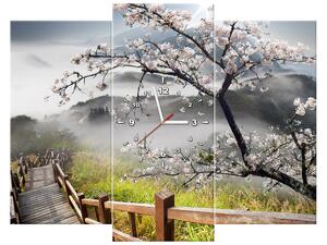 Obraz s hodinami Kvetoucí višeň - 3 dílný Rozměry: 90 x 70 cm