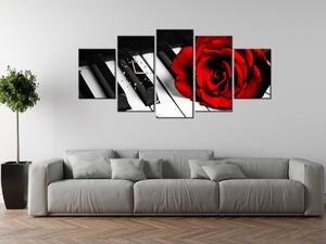 Obraz s hodinami Růže na klavíru - 5 dílný Rozměry: 150 x 105 cm