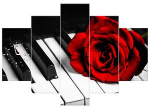 Obraz s hodinami Růže na klavíru - 5 dílný Rozměry: 150 x 105 cm