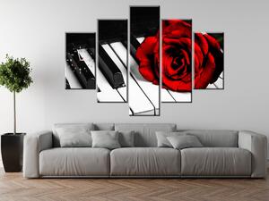 Obraz s hodinami Růže na klavíru - 5 dílný Rozměry: 150 x 70 cm