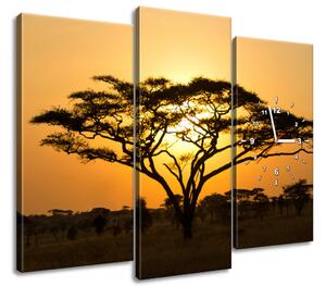 Obraz s hodinami Akácie v Serengeti - 3 dílný Rozměry: 80 x 40 cm