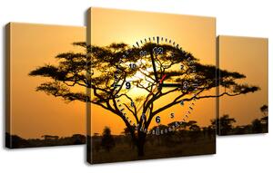 Obraz s hodinami Akácie v Serengeti - 3 dílný Rozměry: 90 x 30 cm