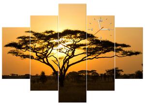 Obraz s hodinami Akácie v Serengeti - 5 dílný Rozměry: 150 x 105 cm