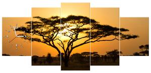 Obraz s hodinami Akácie v Serengeti - 5 dílný Rozměry: 150 x 105 cm