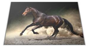 Skleněné prkénko černý kůň klusající v prachu - 30x20cm