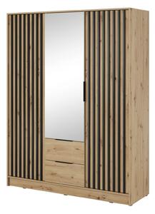 Třídveřová skříň se zrcadlem MARFA - šířka 155 cm, dub artisan / černá