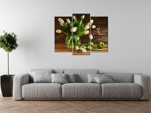 Obraz s hodinami Okouzlující bílé tulipány - 3 dílný Rozměry: 90 x 30 cm