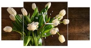 Obraz s hodinami Okouzlující bílé tulipány - 3 dílný Rozměry: 80 x 40 cm