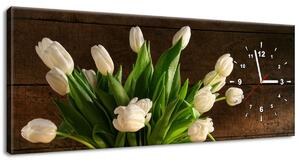 Obraz s hodinami Okouzlující bílé tulipány Velikost: 100 x 40 cm