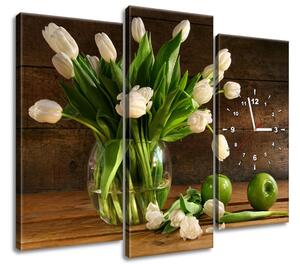 Obraz s hodinami Okouzlující bílé tulipány - 3 dílný Rozměry: 100 x 70 cm