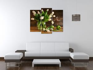 Obraz s hodinami Okouzlující bílé tulipány - 3 dílný Rozměry: 90 x 30 cm