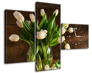 Obraz s hodinami Okouzlující bílé tulipány - 3 dílný Rozměry: 100 x 70 cm