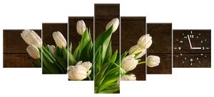 Obraz s hodinami Okouzlující bílé tulipány - 7 dílný Rozměry: 160 x 70 cm