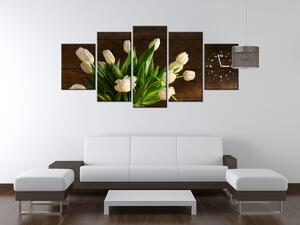Obraz s hodinami Okouzlující bílé tulipány - 5 dílný Rozměry: 150 x 70 cm