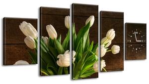 Obraz s hodinami Okouzlující bílé tulipány - 5 dílný Rozměry: 150 x 105 cm