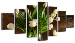 Obraz s hodinami Okouzlující bílé tulipány - 7 dílný Rozměry: 160 x 70 cm