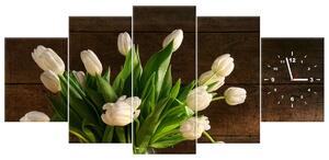 Obraz s hodinami Okouzlující bílé tulipány - 5 dílný Rozměry: 150 x 105 cm