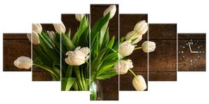 Obraz s hodinami Okouzlující bílé tulipány - 7 dílný Rozměry: 210 x 100 cm