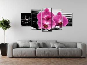 Obraz s hodinami Krásná orchidej mezi kameny - 5 dílný Rozměry: 150 x 70 cm