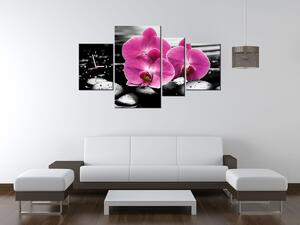 Obraz s hodinami Krásná orchidej mezi kameny - 4 dílný Rozměry: 120 x 70 cm
