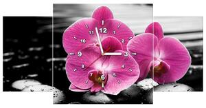 Obraz s hodinami Krásná orchidej mezi kameny - 3 dílný Rozměry: 90 x 30 cm