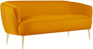 Hořčicově žlutá sametová dvoumístná pohovka MICADONI Moss 179 cm se zlatou podnoží
