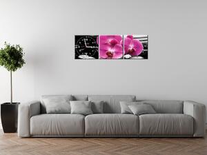 Obraz s hodinami Krásná orchidej mezi kameny - 3 dílný Rozměry: 80 x 40 cm